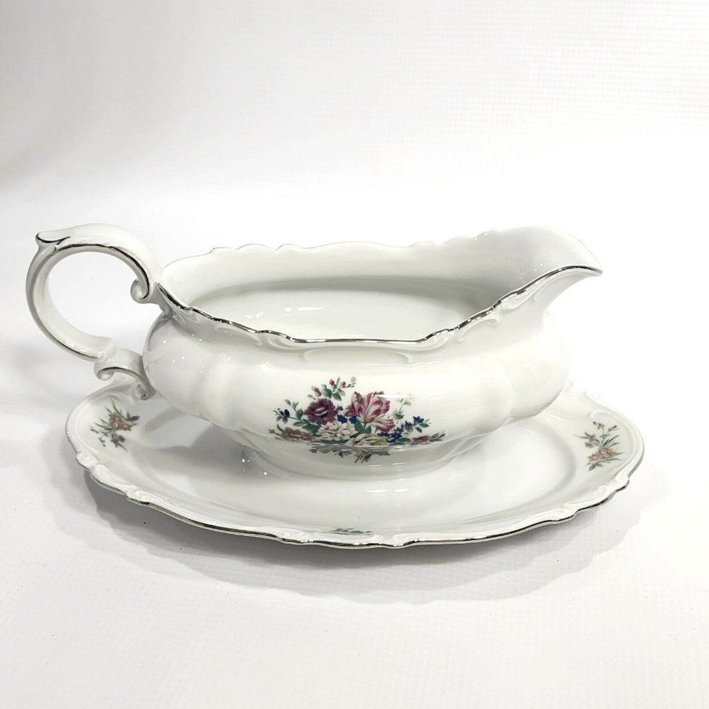Crown‎ Bavaria Gravy Boat w Attached Underplate Germany Silver Trim Bouquet